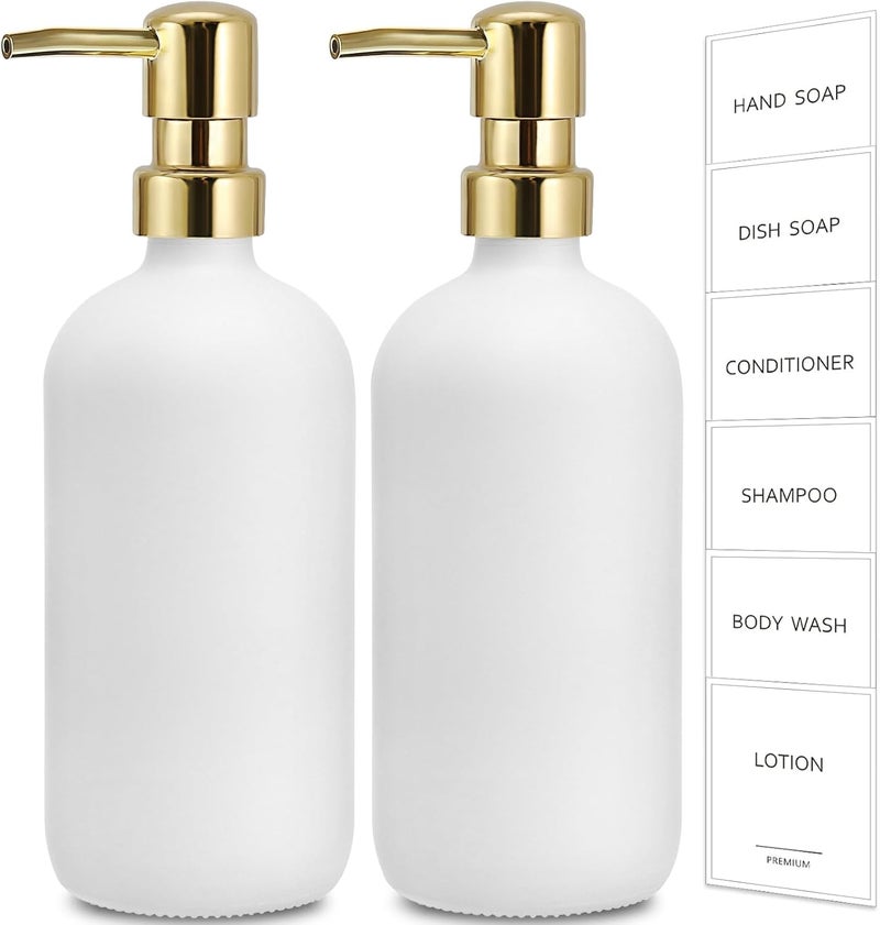 Gmisun White Soap Dispenser, 2 Pack Glass Hand Soap Dispensers Bathroom with Gold Pump, 17 Fl Oz Dish Soap Dispenser Set for Kitchen, Refillable Modern Liquid Soap and Lotion Dispensers Bottle - Image 1